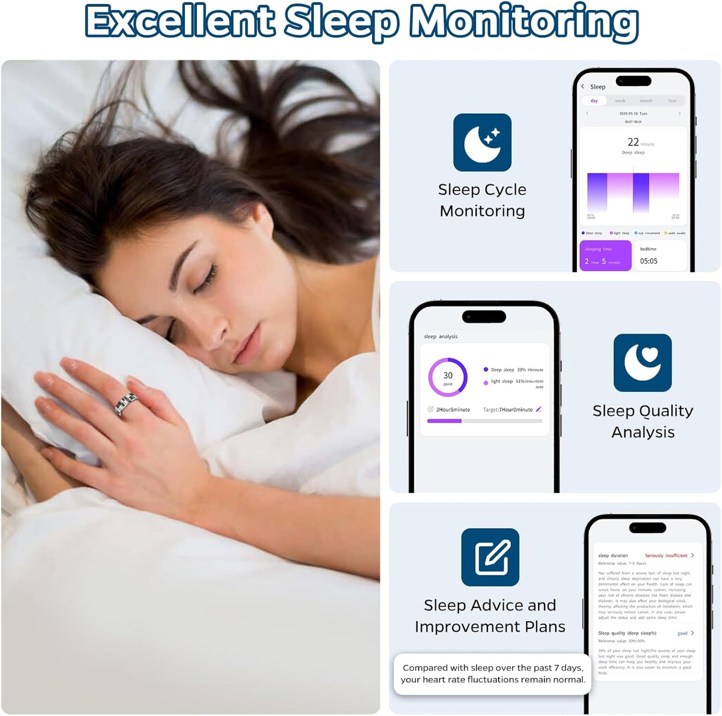 Smart Health Tracking Ring with Sleep and Heart Rate Monitoring, Waterproof Fitness Tracker for Activity, Steps, Distance, and Calories, Air Gesture Control, Up to 7-Day Battery Life, Compatible with iOS and Android (Stylish Silver #8)