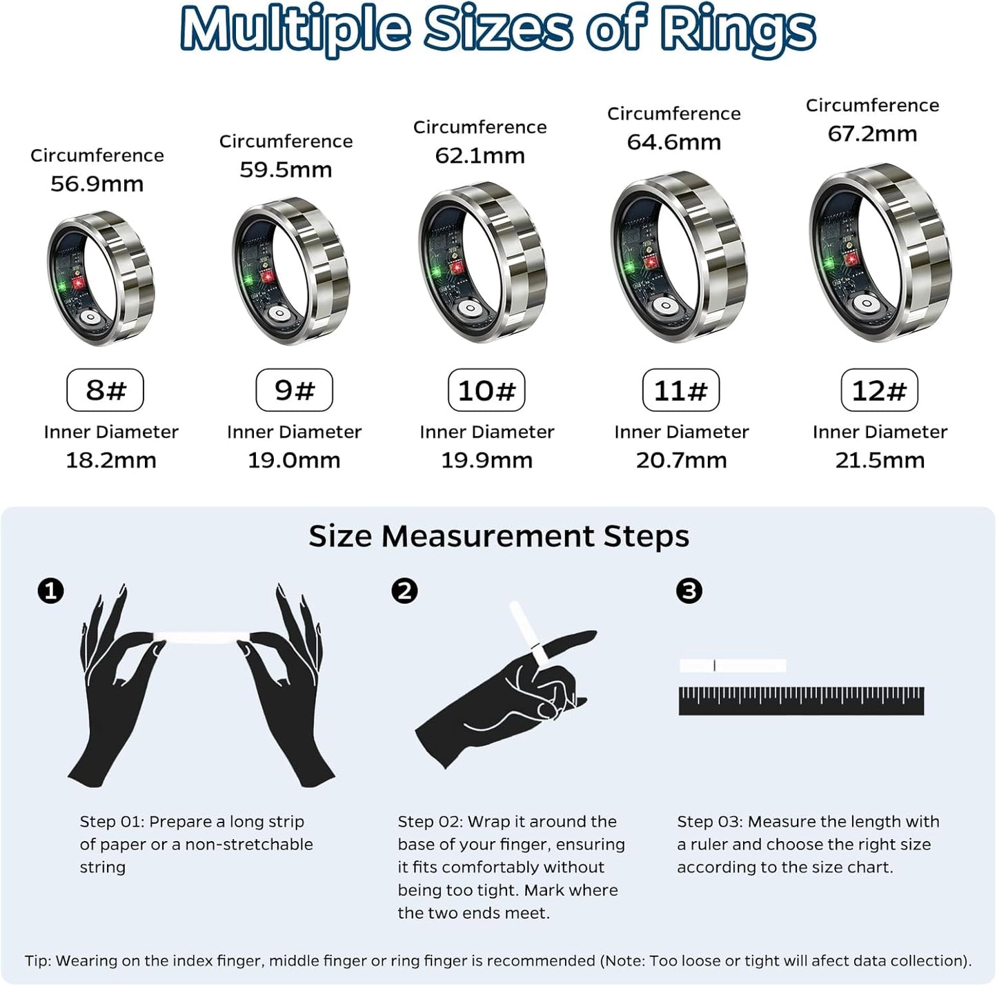 Smart Health Tracking Ring with Sleep and Heart Rate Monitoring, Waterproof Fitness Tracker for Activity, Steps, Distance, and Calories, Air Gesture Control, Up to 7-Day Battery Life, Compatible with iOS and Android (Stylish Silver #8)