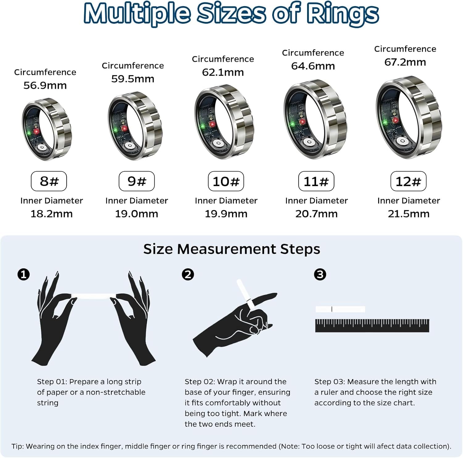 Smart Health Tracking Ring with Sleep and Heart Rate Monitoring, Waterproof Fitness Tracker for Activity, Steps, Distance, and Calories, Air Gesture Control, Up to 7-Day Battery Life, Compatible with iOS and Android (Stylish Silver #8)